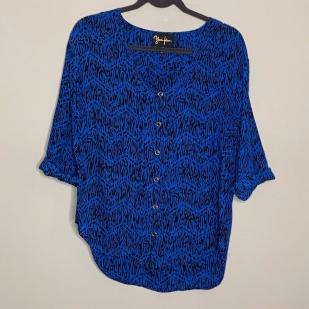 Yumi Kim Silk‎ Blouse Womens S Blue Geometric Chevron Print Button Front Top